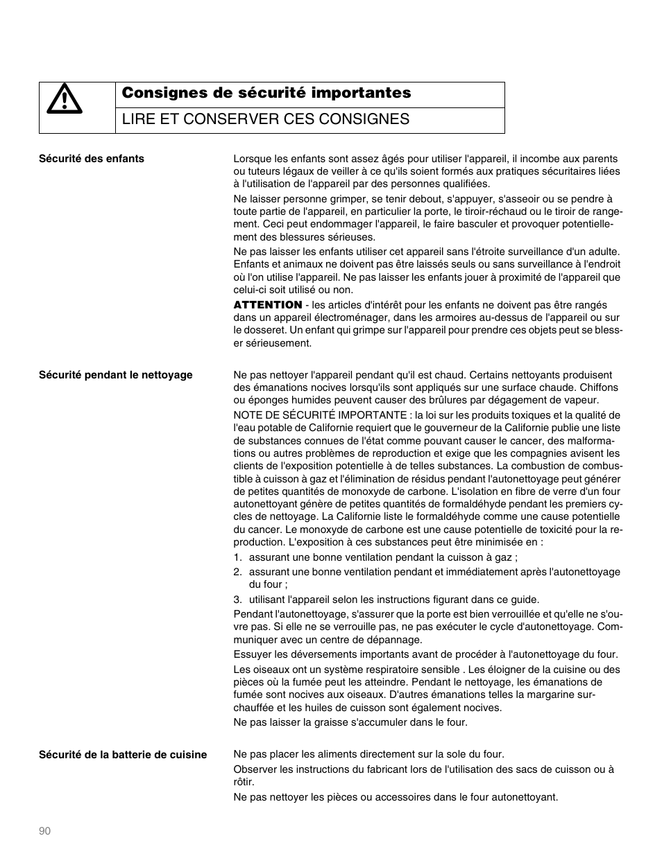 Consignes de sécurité importantes, Lire et conserver ces consignes, Ne pas laisser la graisse s'accumuler dans le four | Thermador M301E User Manual | Page 90 / 128