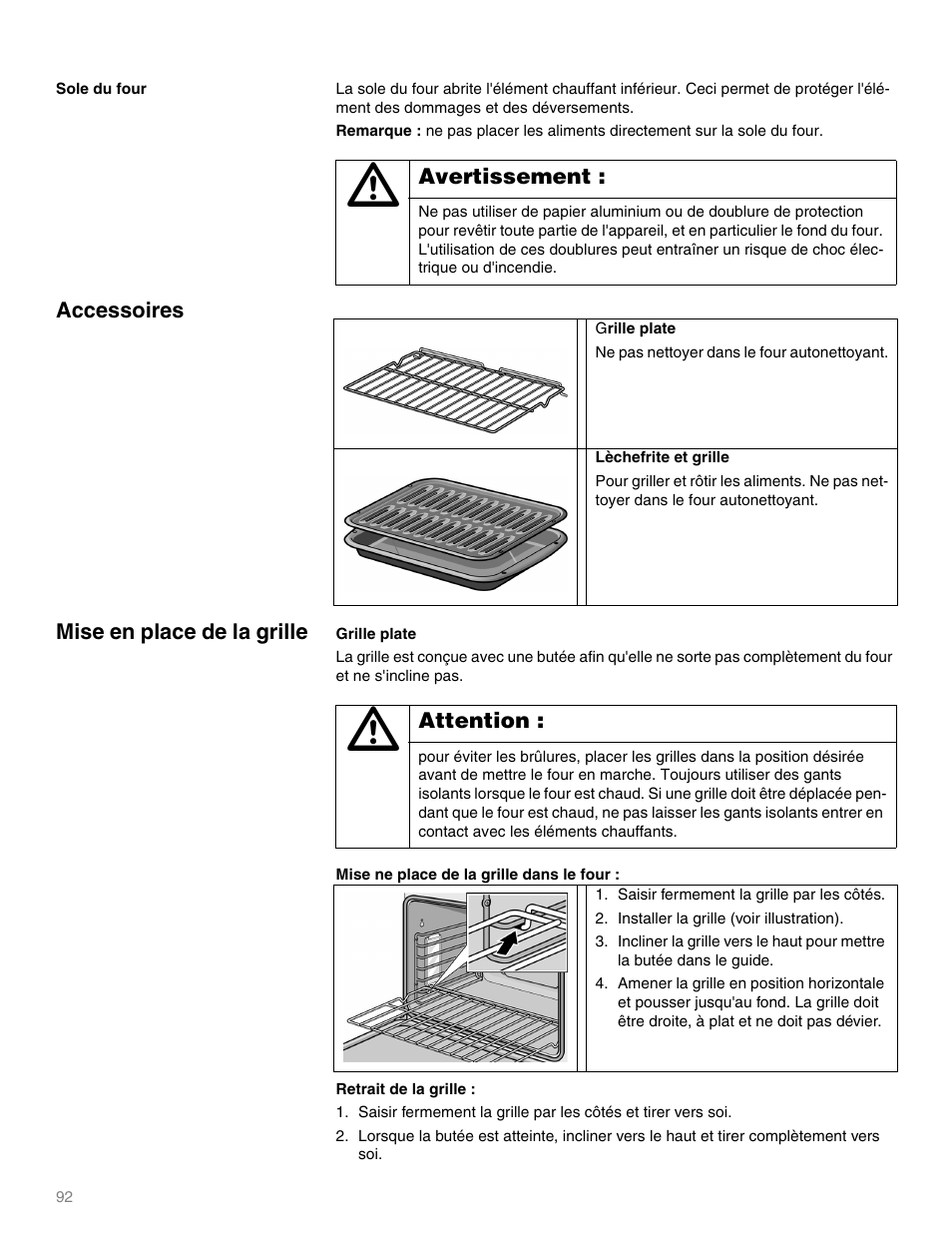 Avertissement, Ne pas nettoyer dans le four autonettoyant, Attention | Thermador M301E User Manual | Page 92 / 128