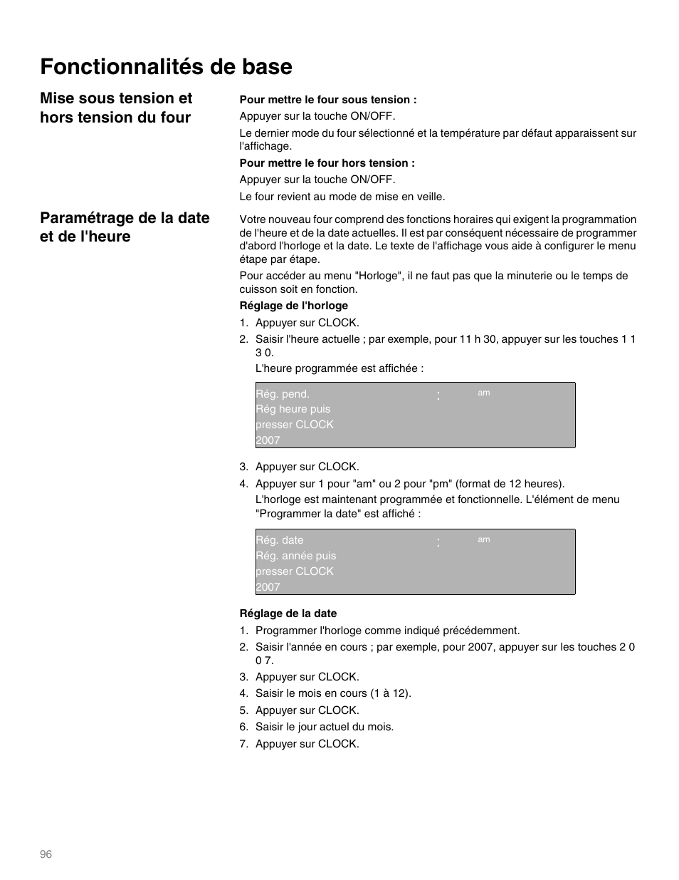 Mise sous tension et hors tension du four, Appuyer sur la touche on/off, Le four revient au mode de mise en veille | Fonctionnalités de base, Qq ep, Paramétrage de la date et de l'heure | Thermador M301E User Manual | Page 96 / 128