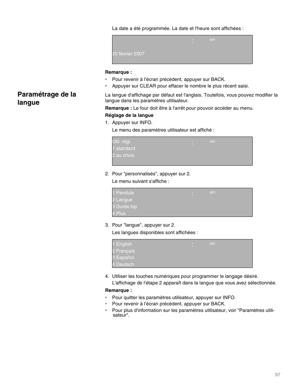 Pour revenir à l'écran précédent, appuyer sur back, Paramétrage de la langue, Qq ep | Thermador M301E User Manual | Page 97 / 128