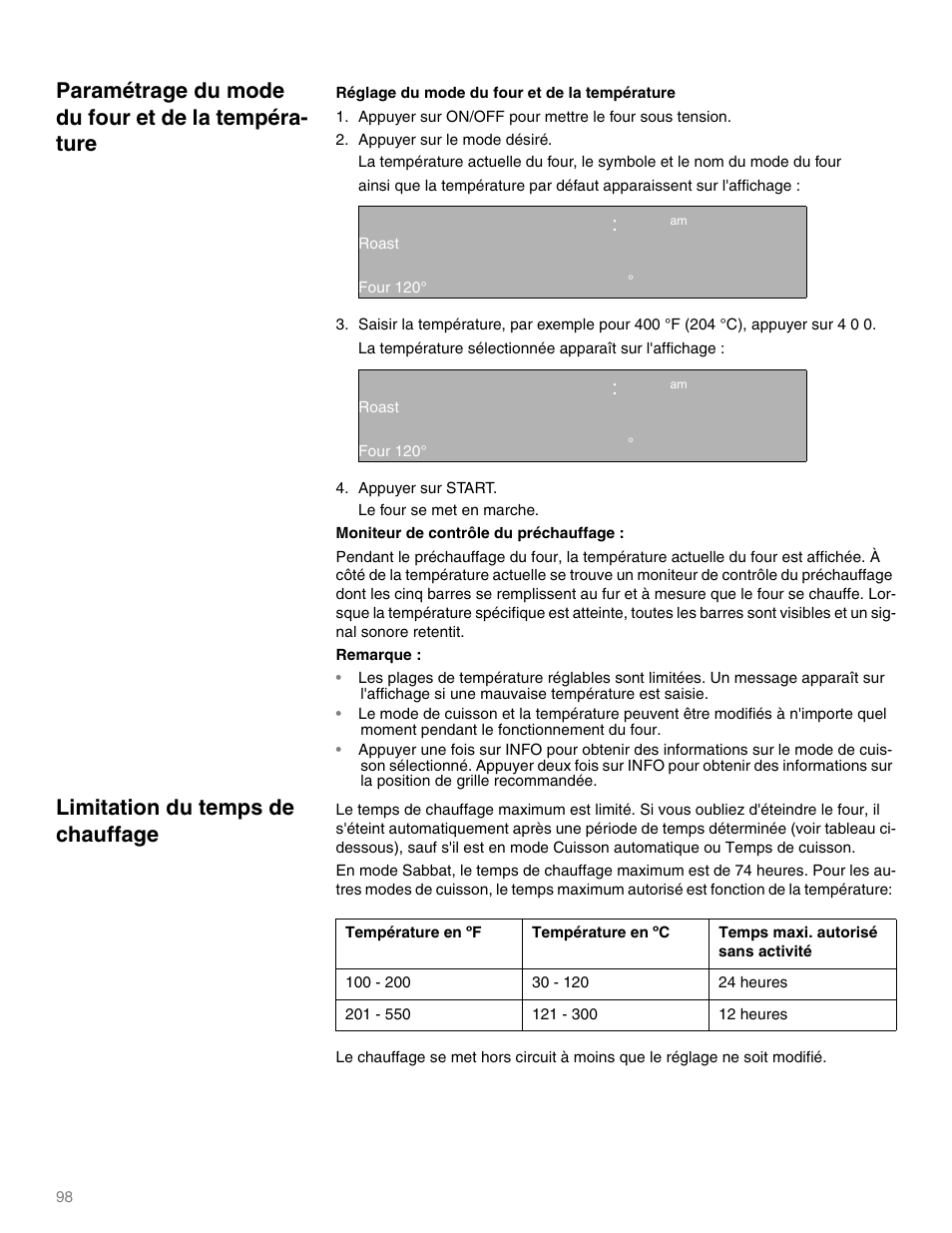 Paramétrage du mode du four et de la température, Limitation du temps de chauffage, 24 heures | 12 heures, Qq ep, Paramétrage du mode du four et de la tempéra- ture | Thermador M301E User Manual | Page 98 / 128