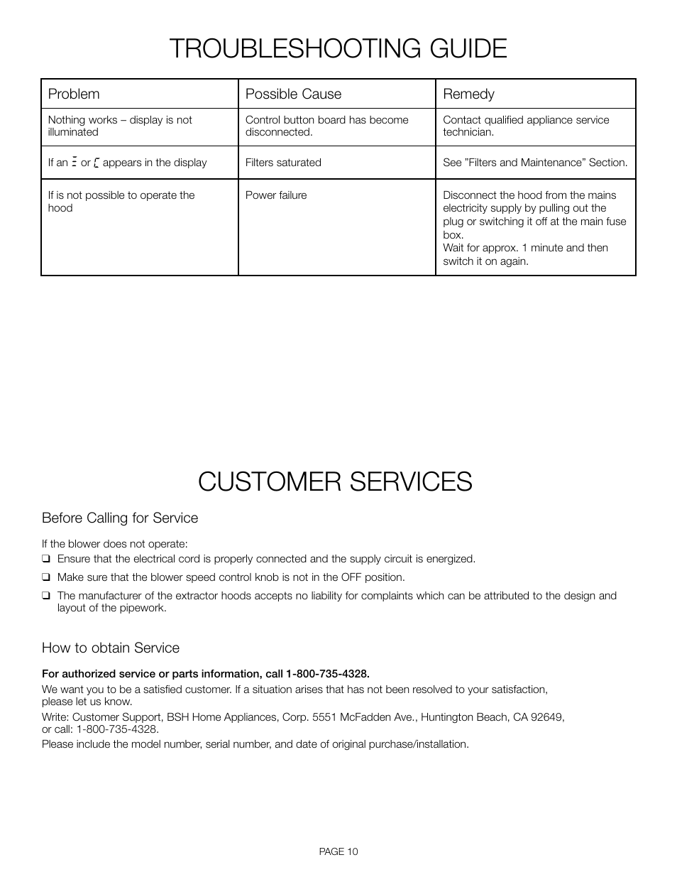 Troubleshooting guide, Customer services | Thermador HDDW36FS User Manual | Page 10 / 32