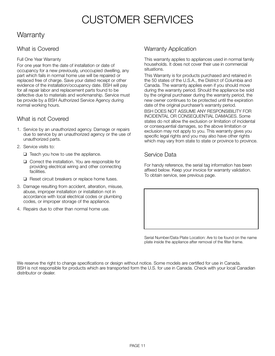 Customer services, Warranty | Thermador HDDW36FS User Manual | Page 11 / 32