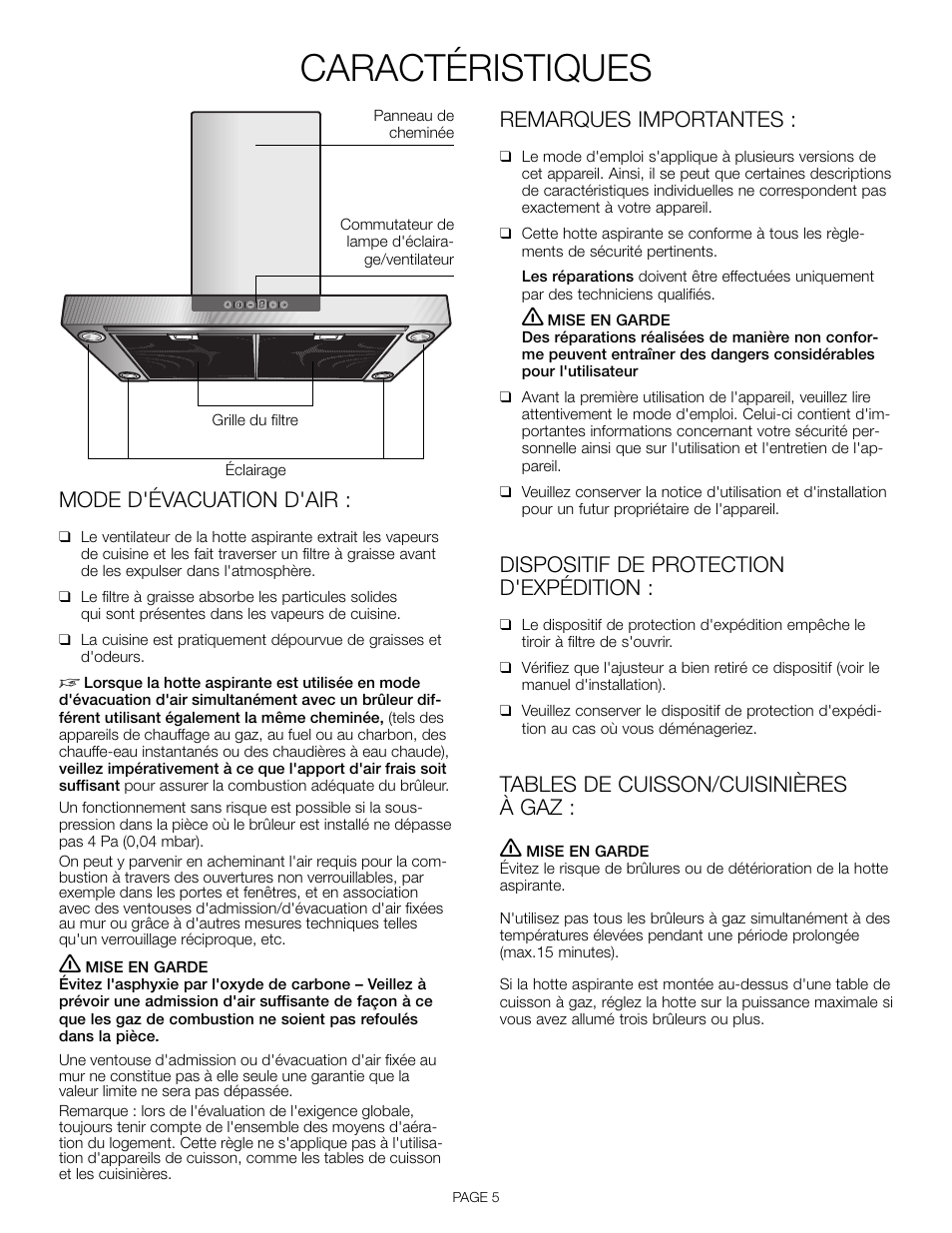 Caractéristiques, Mode d'évacuation d'air, Remarques importantes | Dispositif de protection d'expédition, Tables de cuisson/cuisinières à gaz | Thermador HDDW36FS User Manual | Page 15 / 32