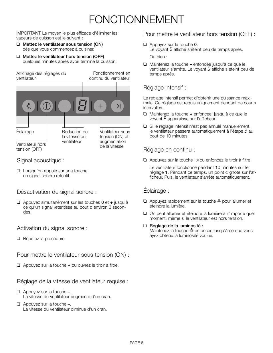 Fonctionnement, Signal acoustique, Désactivation du signal sonore | Activation du signal sonore, Pour mettre le ventilateur sous tension (on), Réglage de la vitesse de ventilateur requise, Pour mettre le ventilateur hors tension (off), Réglage intensif, Réglage en continu, Éclairage | Thermador HDDW36FS User Manual | Page 16 / 32