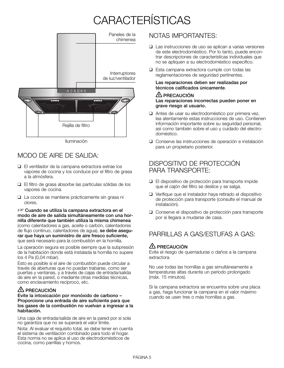 Características, Modo de aire de salida, Notas importantes | Dispositivo de protección para transporte, Parrillas a gas/estufas a gas | Thermador HDDW36FS User Manual | Page 25 / 32