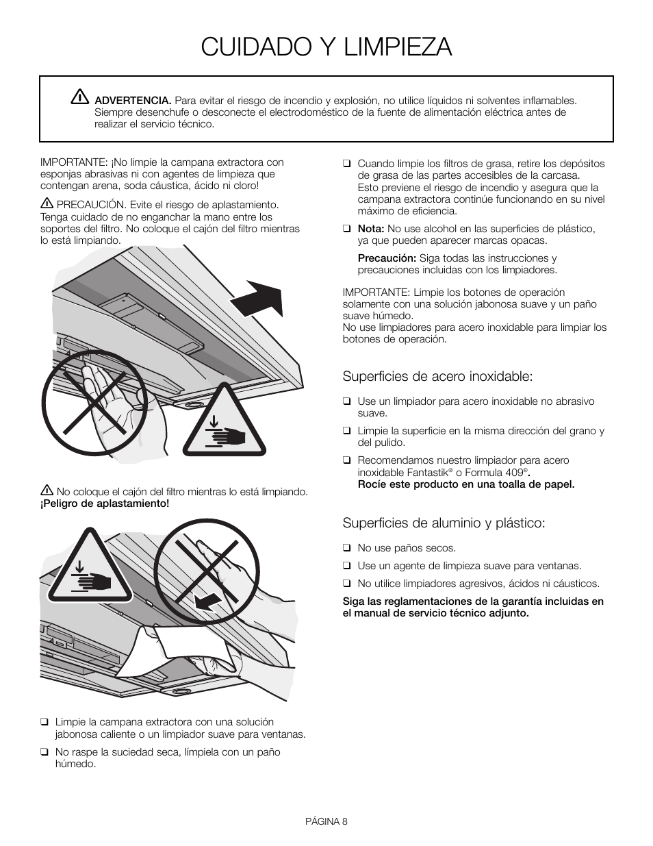 Cuidado y limpieza, Superficies de acero inoxidable, Superficies de aluminio y plástico | Thermador HDDW36FS User Manual | Page 28 / 32