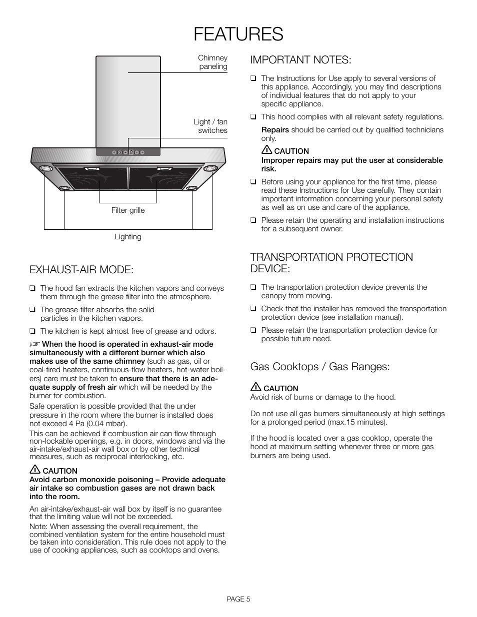 Features, Exhaust-air mode, Transportation protection device | Gas cooktops / gas ranges | Thermador HDDW36FS User Manual | Page 5 / 32