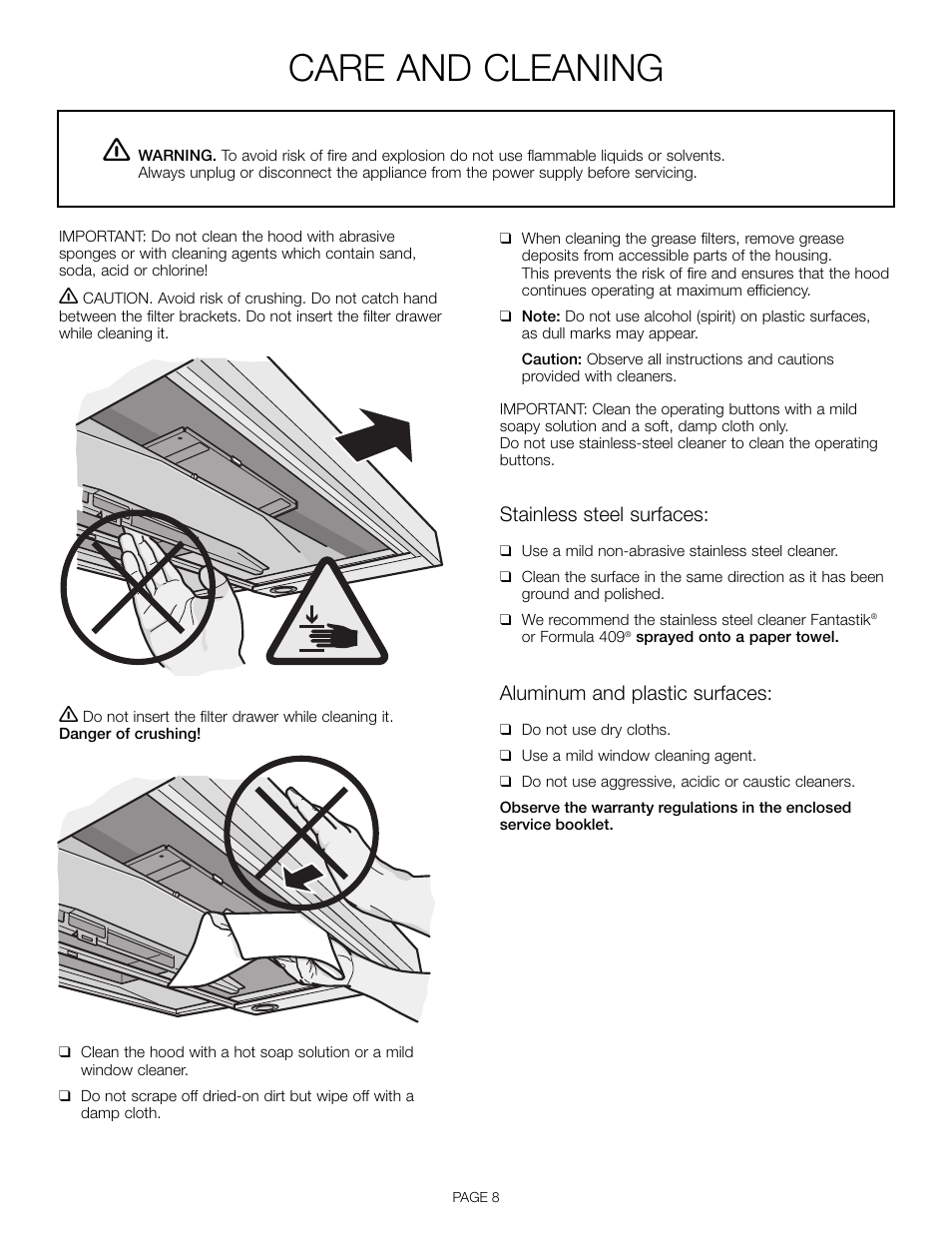 Care and cleaning, Stainless steel surfaces, Aluminum and plastic surfaces | Thermador HDDW36FS User Manual | Page 8 / 32