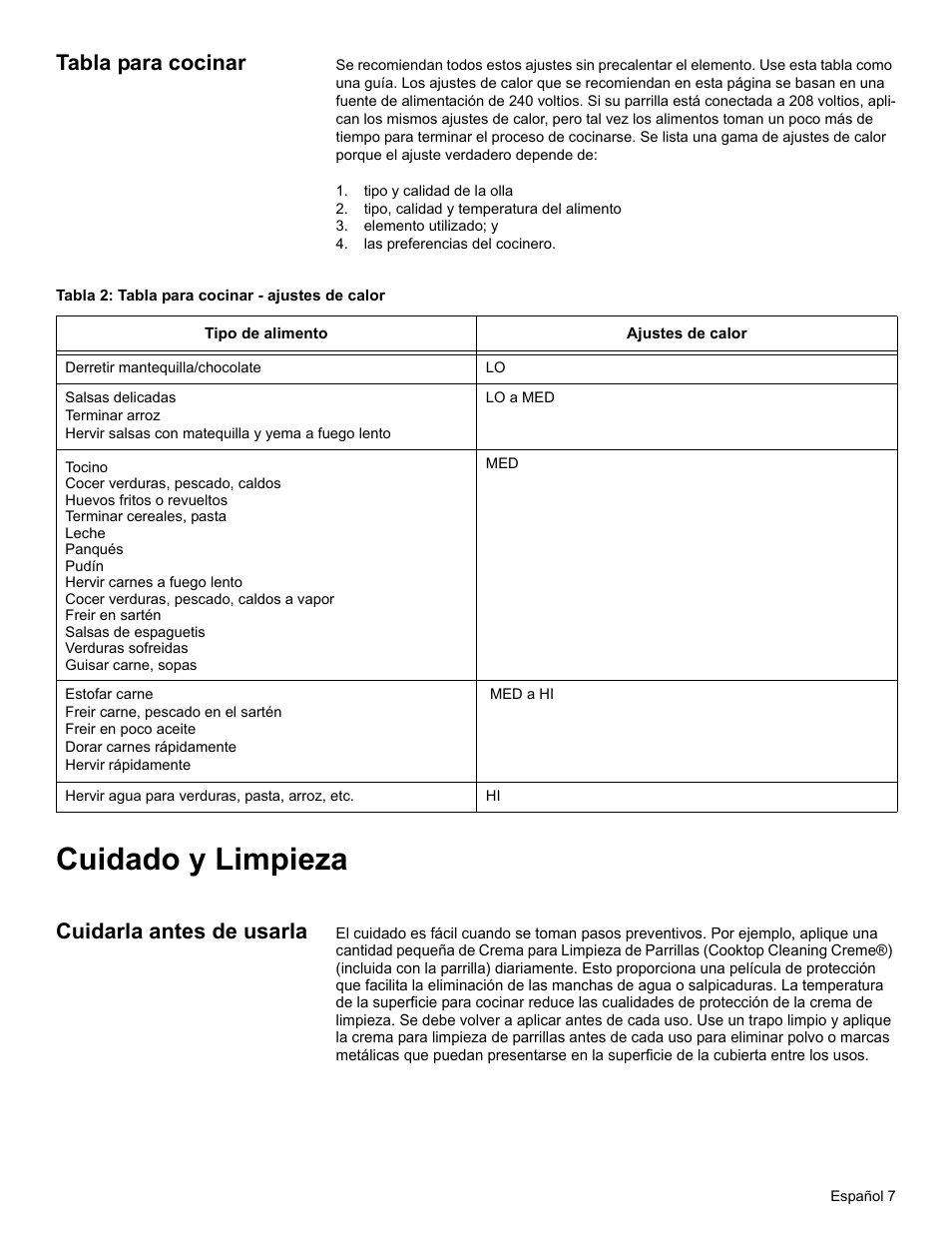 Tabla para cocinar, Tipo y calidad de la olla, Tipo, calidad y temperatura del alimento | Elemento utilizado; y, Las preferencias del cocinero, Tabla 2: tabla para cocinar - ajustes de calor, Cuidado y limpieza, Cuidarla antes de usarla | Thermador CEM COOKTOP User Manual | Page 33 / 40