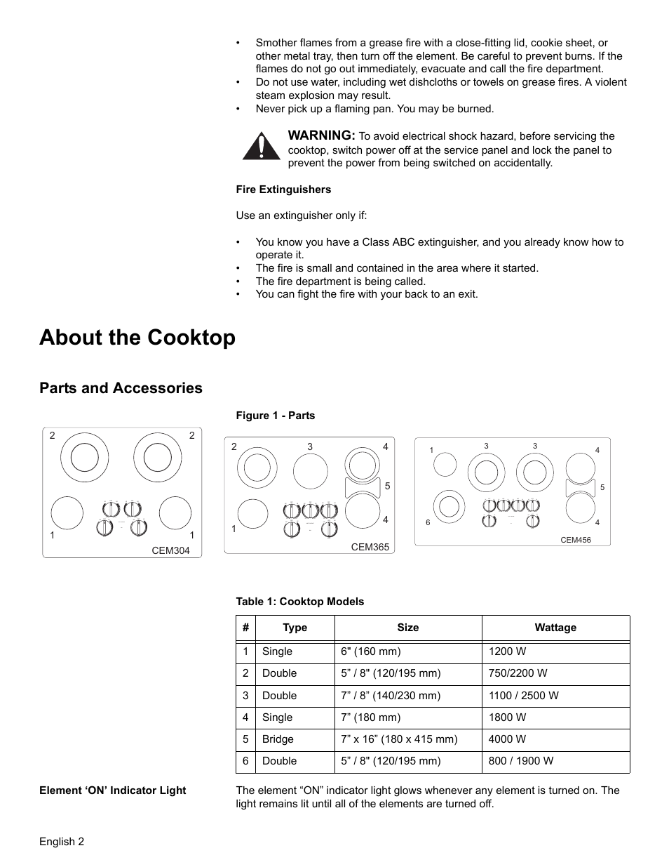 About the cooktop, Parts and accessories, Table 1: cooktop models | Element ‘on’ indicator light, Warning | Thermador CEM COOKTOP User Manual | Page 4 / 40