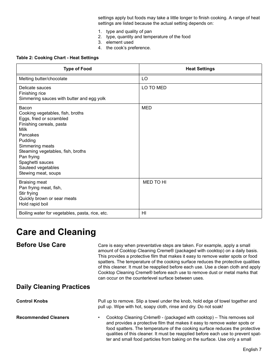 Type and quality of pan, Type, quantity and temperature of the food, Element used | The cook’s preference, Table 2: cooking chart - heat settings, Care and cleaning, Before use care, Daily cleaning practices, Control knobs, Recommended cleaners | Thermador CEM COOKTOP User Manual | Page 9 / 40