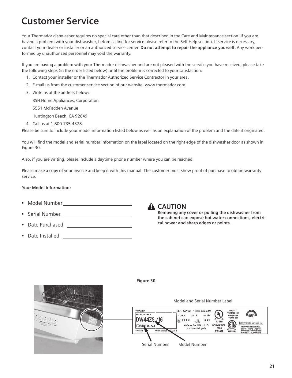 Customer service, Caution | Thermador DWHD94EP User Manual | Page 21 / 64