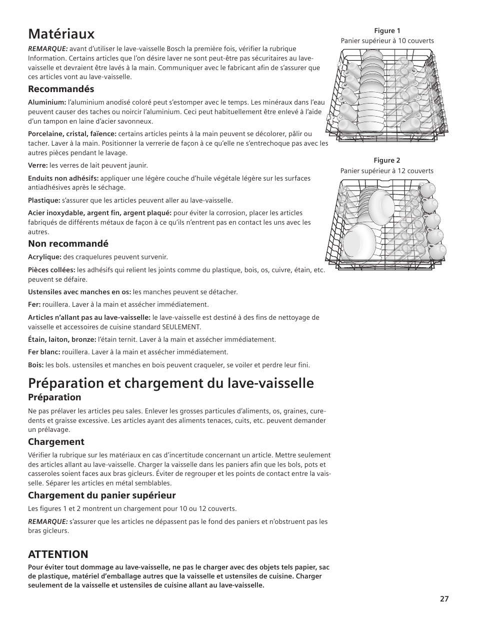 Matériaux, Préparation et chargement du lave-vaisselle, Attention | Thermador DWHD94EP User Manual | Page 27 / 64