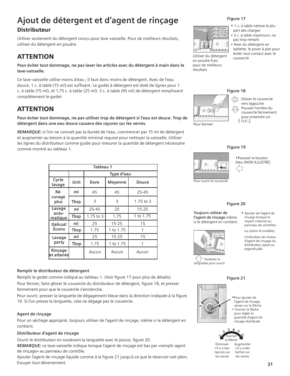 Ajout de détergent et d’agent de rinçage, Attention, Distributeur | Thermador DWHD94EP User Manual | Page 31 / 64