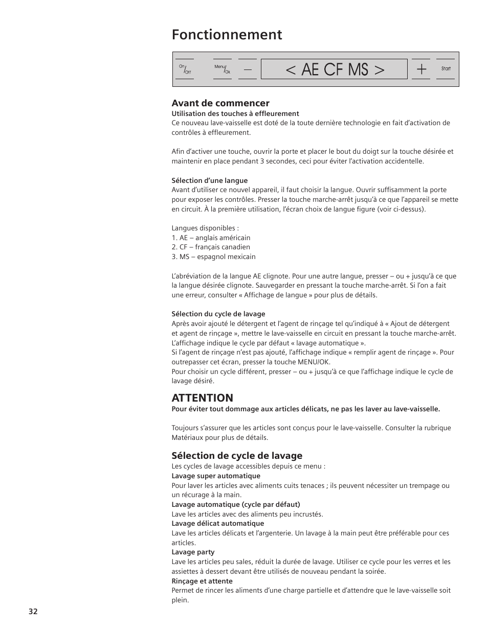 Fonctionnement, Attention | Thermador DWHD94EP User Manual | Page 32 / 64