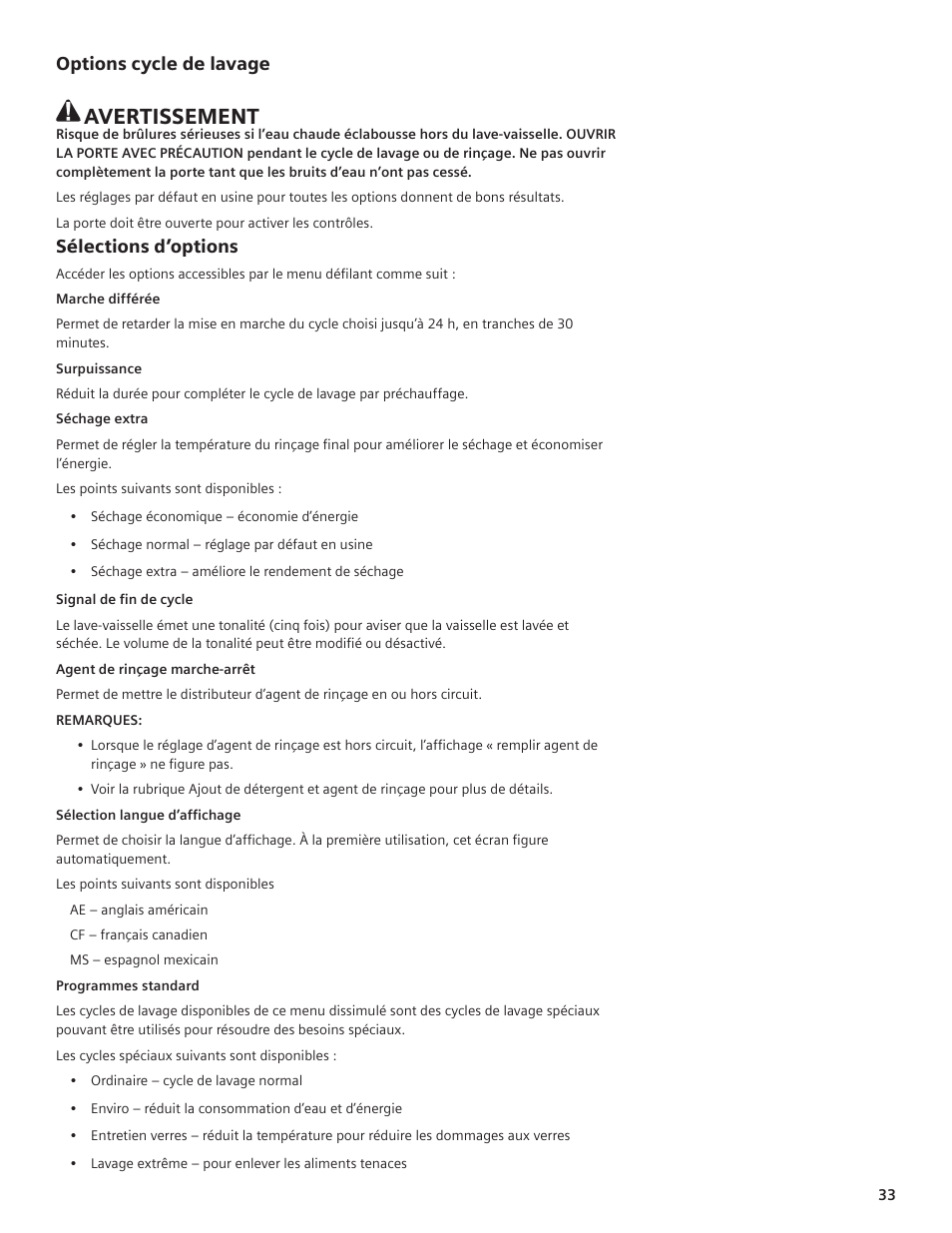 Avertissement, Options cycle de lavage, Sélections d’options | Thermador DWHD94EP User Manual | Page 33 / 64