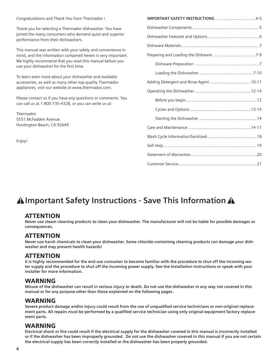 Attention, Warning | Thermador DWHD94EP User Manual | Page 4 / 64