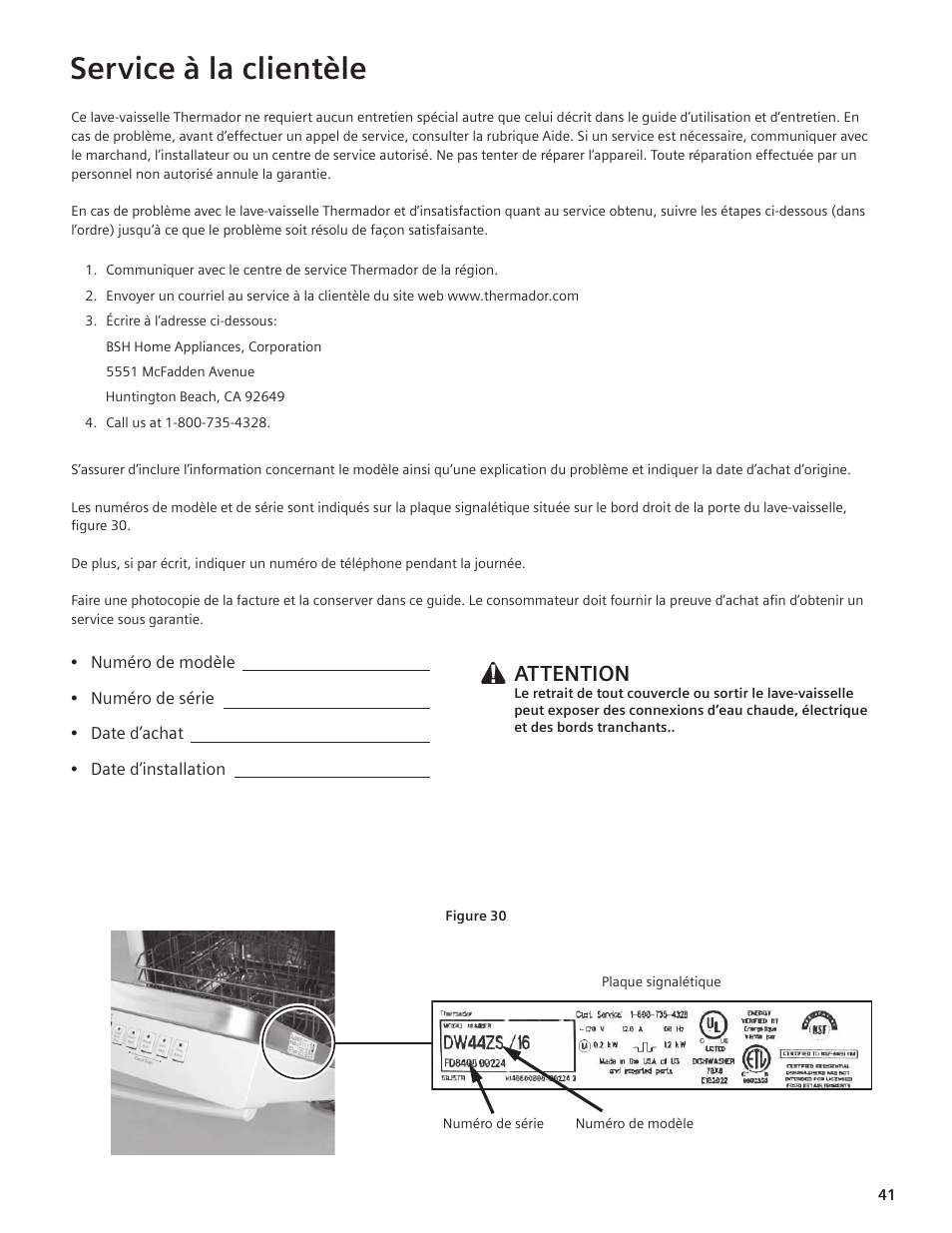 Service à la clientèle, Attention | Thermador DWHD94EP User Manual | Page 41 / 64