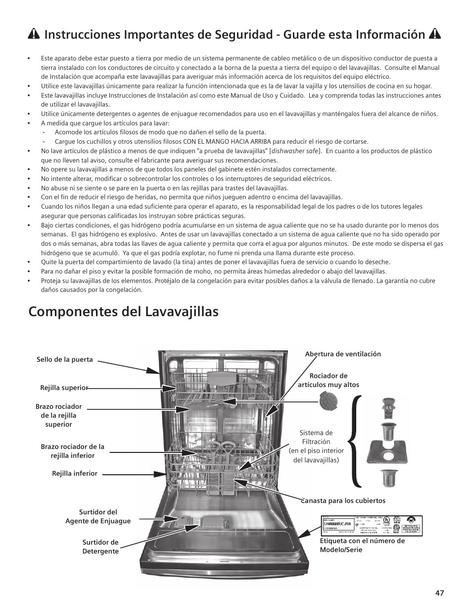 Componentes del lavavajillas | Thermador DWHD94EP User Manual | Page 47 / 64