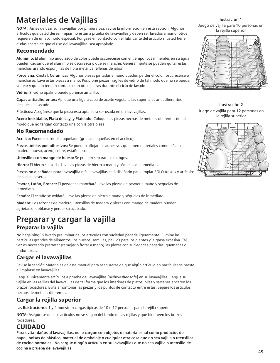 Materiales de vajillas, Preparar y cargar la vajilla, Cuidado | Thermador DWHD94EP User Manual | Page 49 / 64