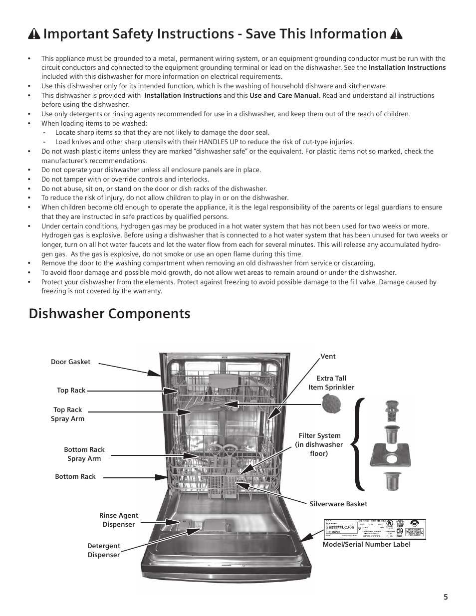 Dishwasher components | Thermador DWHD94EP User Manual | Page 5 / 64