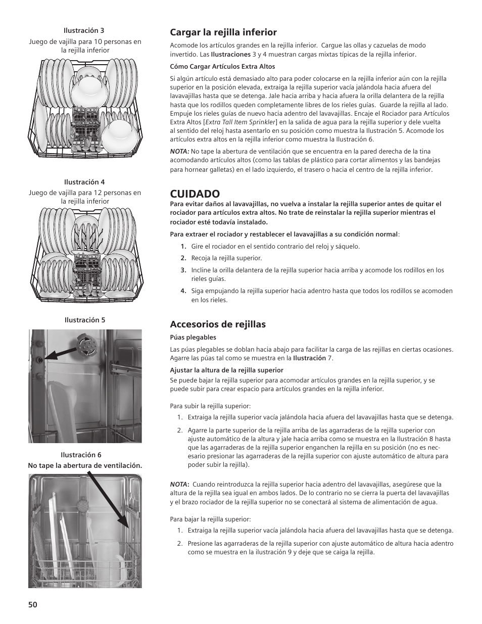 Cuidado, Cargar la rejilla inferior, Accesorios de rejillas | Thermador DWHD94EP User Manual | Page 50 / 64