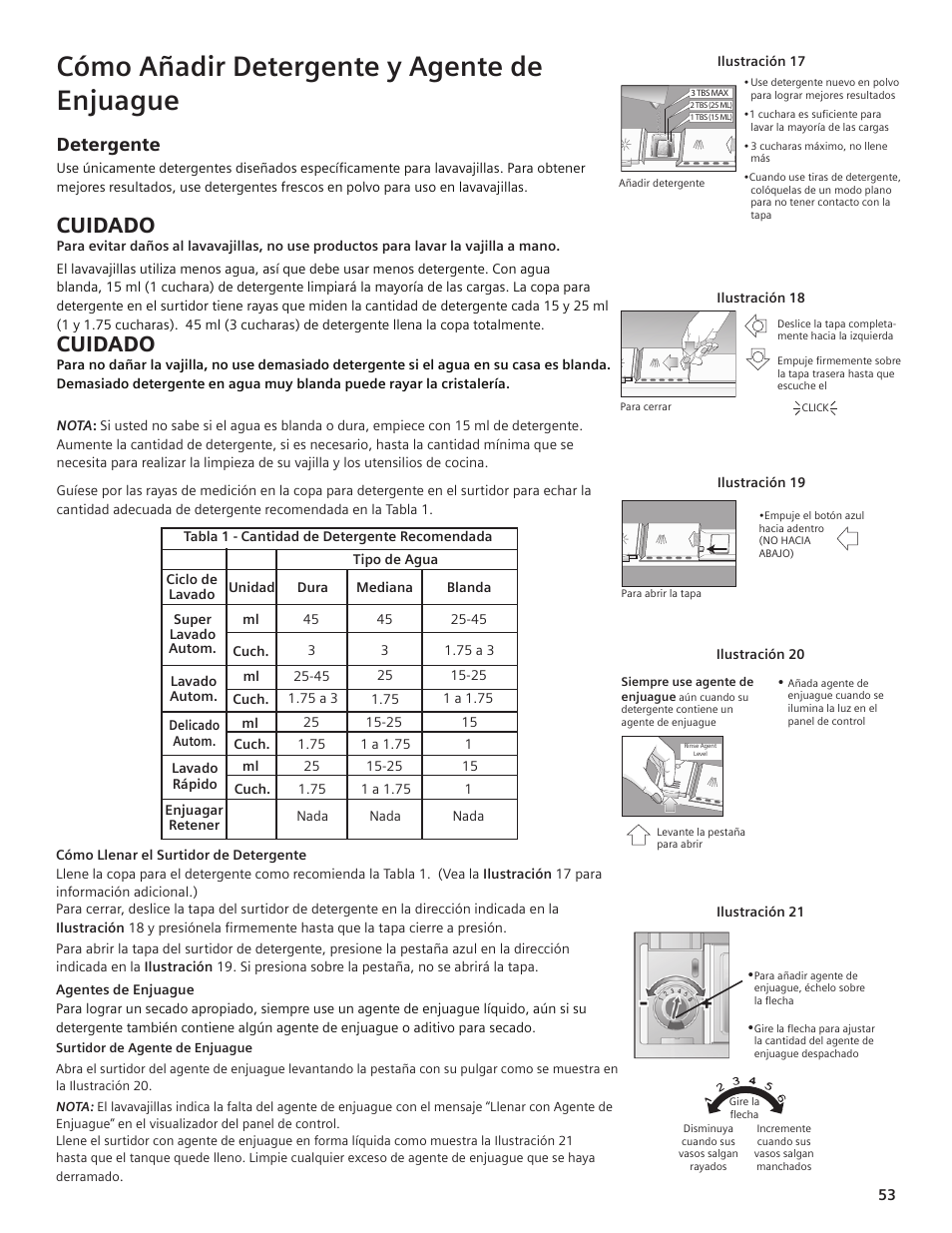 Cómo añadir detergente y agente de enjuague, Cuidado, Detergente | Thermador DWHD94EP User Manual | Page 53 / 64