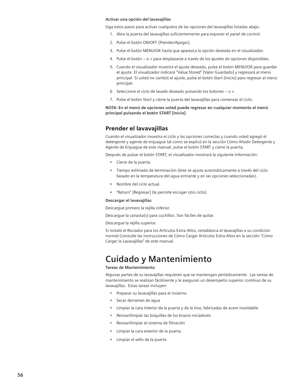 Cuidado y mantenimiento, Prender el lavavajillas | Thermador DWHD94EP User Manual | Page 56 / 64