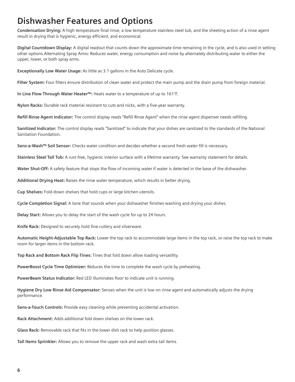 Dishwasher features and options | Thermador DWHD94EP User Manual | Page 6 / 64