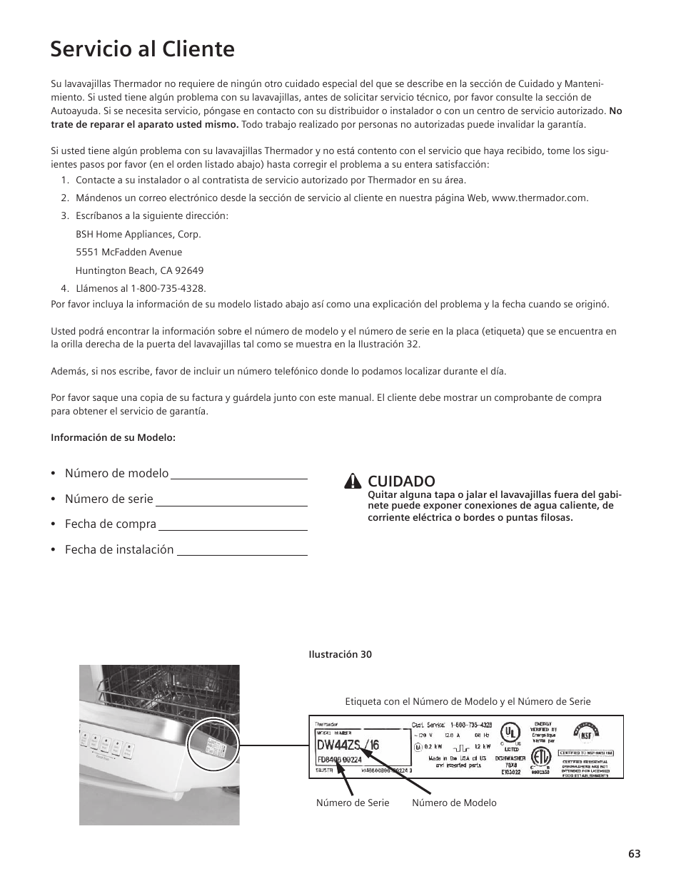 Servicio al cliente, Cuidado | Thermador DWHD94EP User Manual | Page 63 / 64