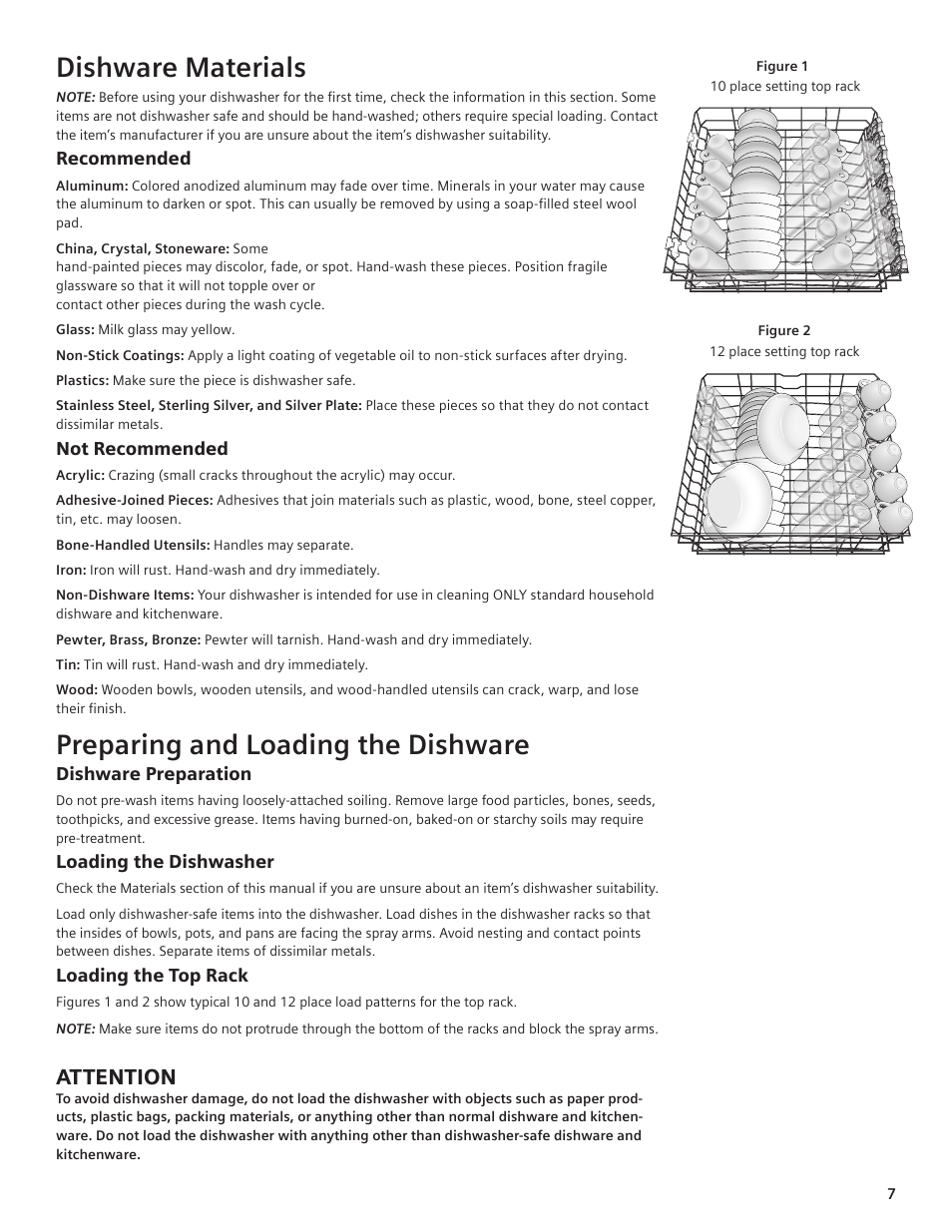 Dishware materials, Preparing and loading the dishware, Attention | Thermador DWHD94EP User Manual | Page 7 / 64