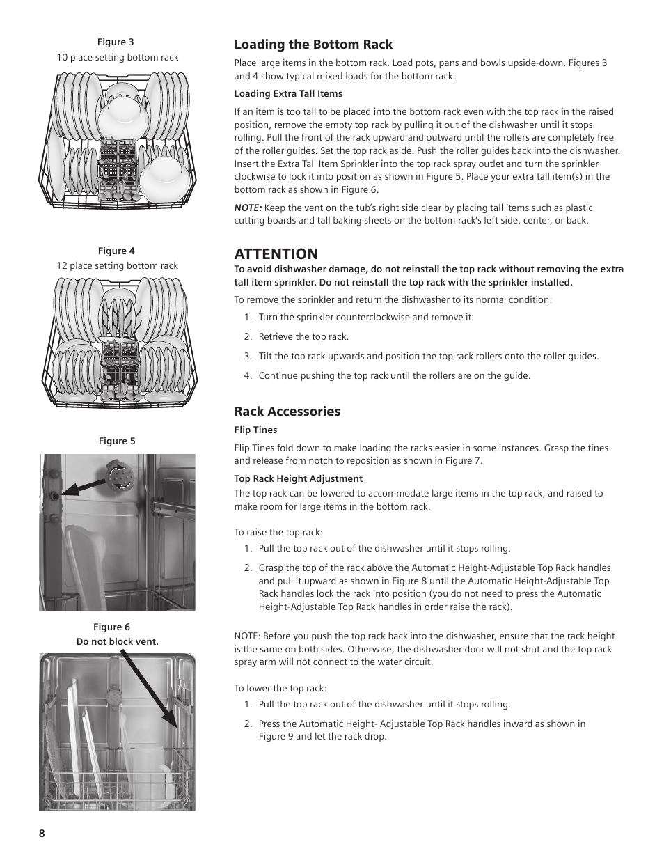 Attention, Loading the bottom rack, Rack accessories | Thermador DWHD94EP User Manual | Page 8 / 64