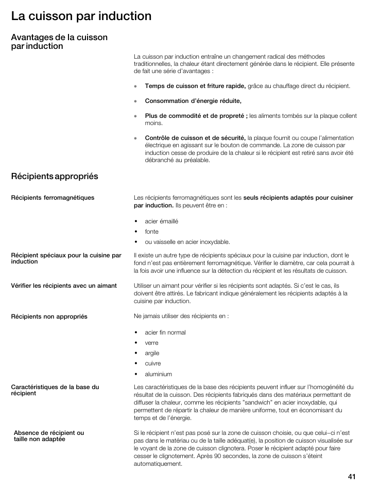 La cuisson par induction, Avantages de la cuisson par induction, Récipients appropriés | Thermador CIT365GM User Manual | Page 40 / 94