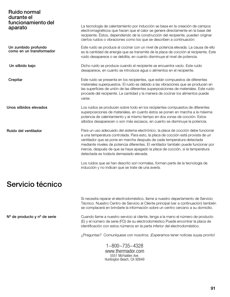 Servicio técnico, Ruido normal durante el funcionamiento del aparato | Thermador CIT365GM User Manual | Page 90 / 94