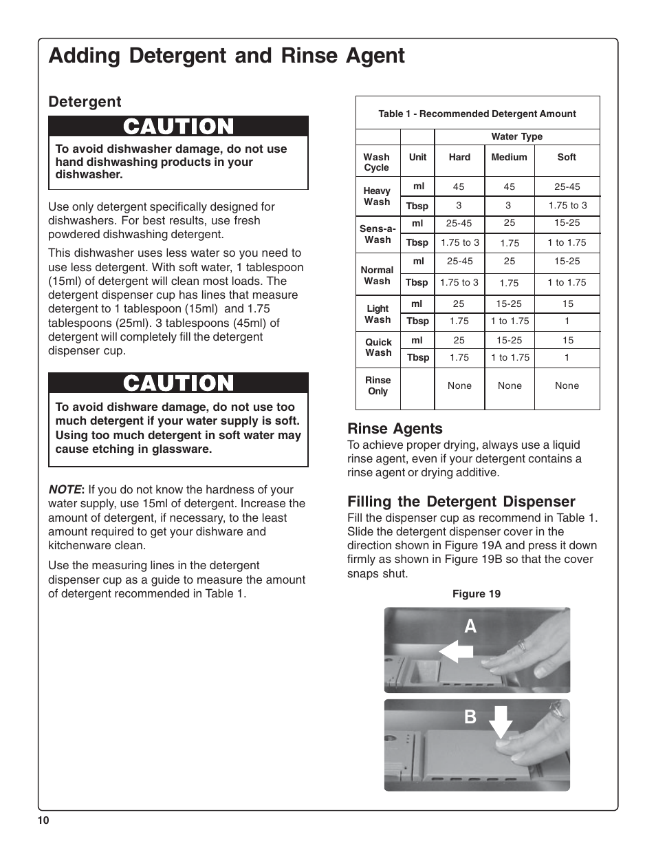 Adding detergent and rinse agent, Rinse agents, Filling the detergent dispenser | Detergent | Thermador DWHD64CS User Manual | Page 12 / 70