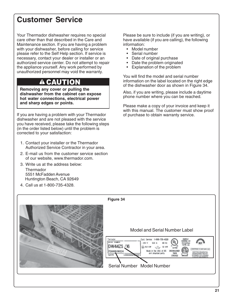 Customer service, Caution | Thermador DWHD64CS User Manual | Page 23 / 70