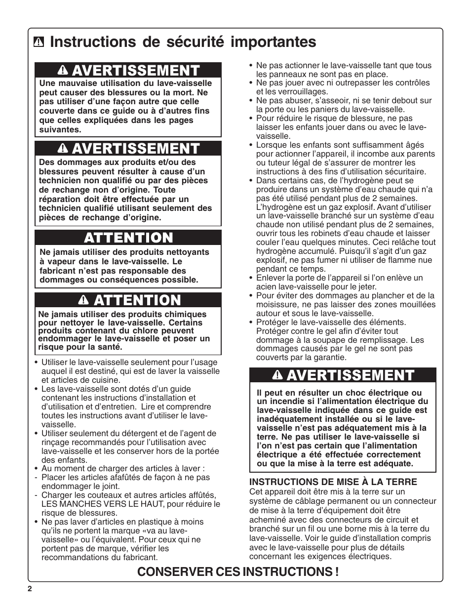 Instructions de sécurité importantes, Avertissement, Attention | Conserver ces instructions | Thermador DWHD64CS User Manual | Page 26 / 70