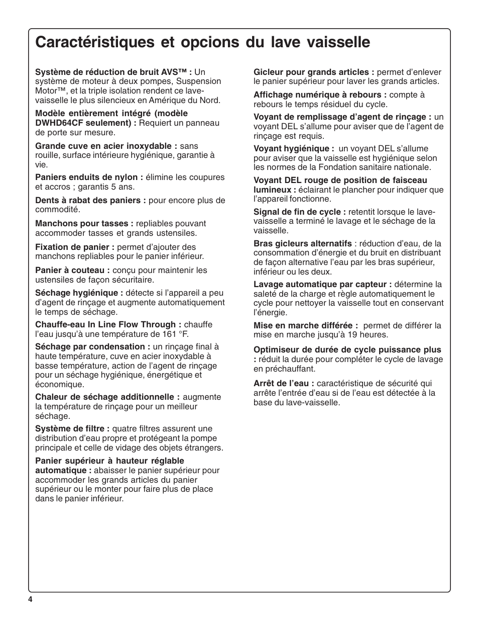 Caractéristiques et opcions du lave vaisselle | Thermador DWHD64CS User Manual | Page 28 / 70