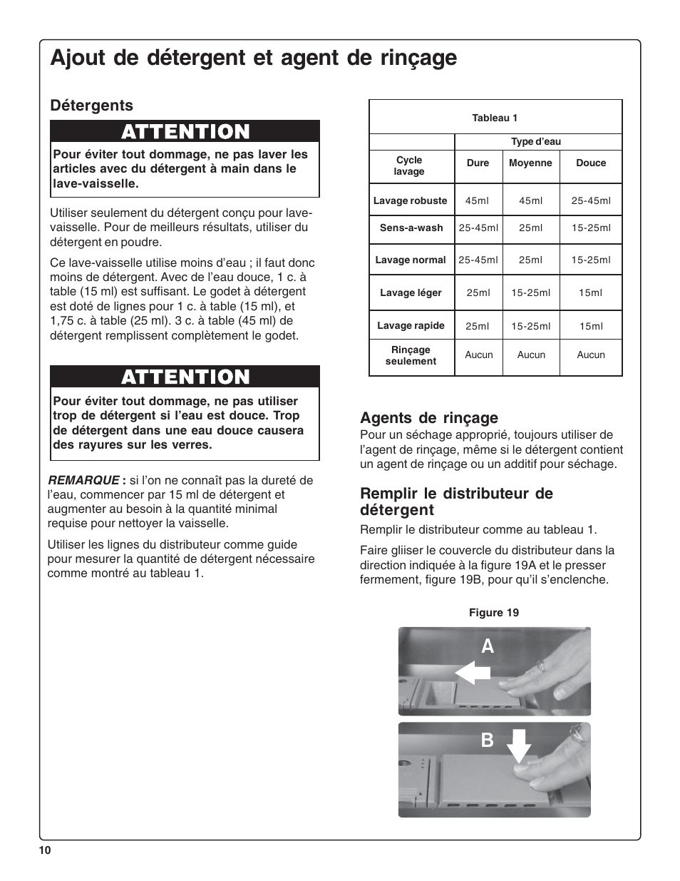 Ajout de détergent et agent de rinçage, Agents de rinçage, Remplir le distributeur de détergent | Détergents | Thermador DWHD64CS User Manual | Page 34 / 70