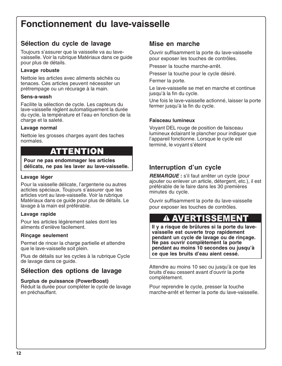 Fonctionnement du lave-vaisselle, Avertissement | Thermador DWHD64CS User Manual | Page 36 / 70