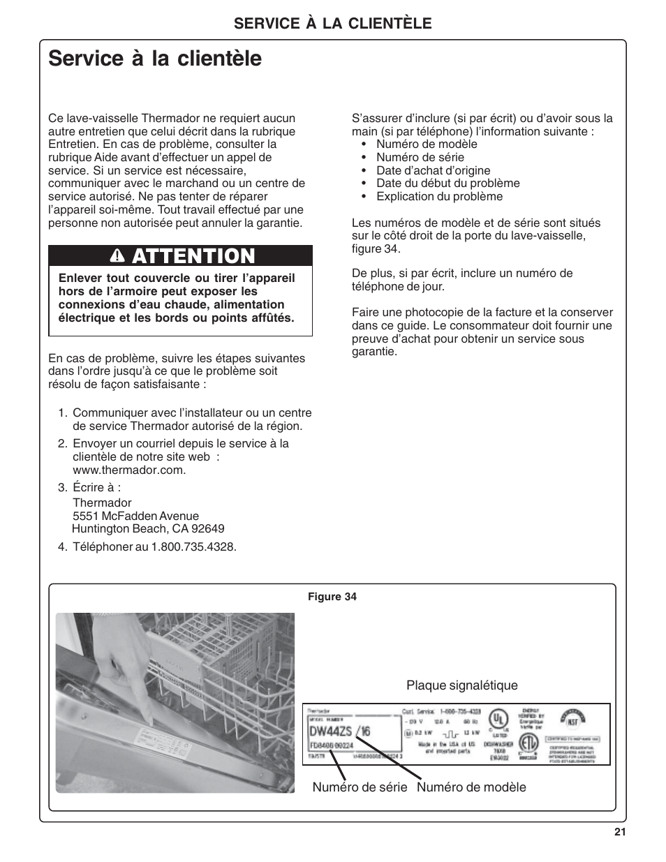 Service à la clientèle, Attention | Thermador DWHD64CS User Manual | Page 45 / 70