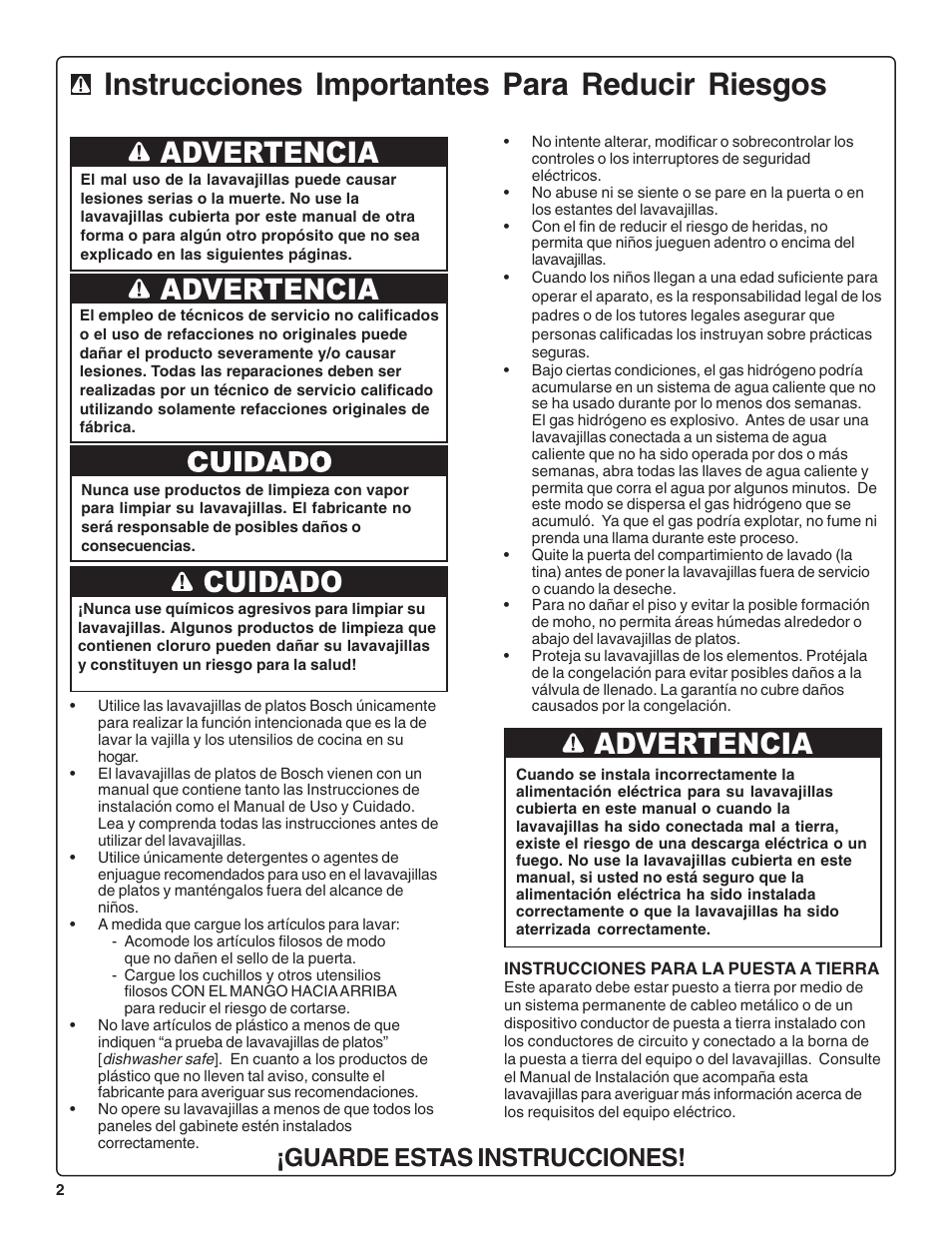 Instrucciones importantes para reducir riesgos, Advertencia, Cuidado | Guarde estas instrucciones | Thermador DWHD64CS User Manual | Page 48 / 70