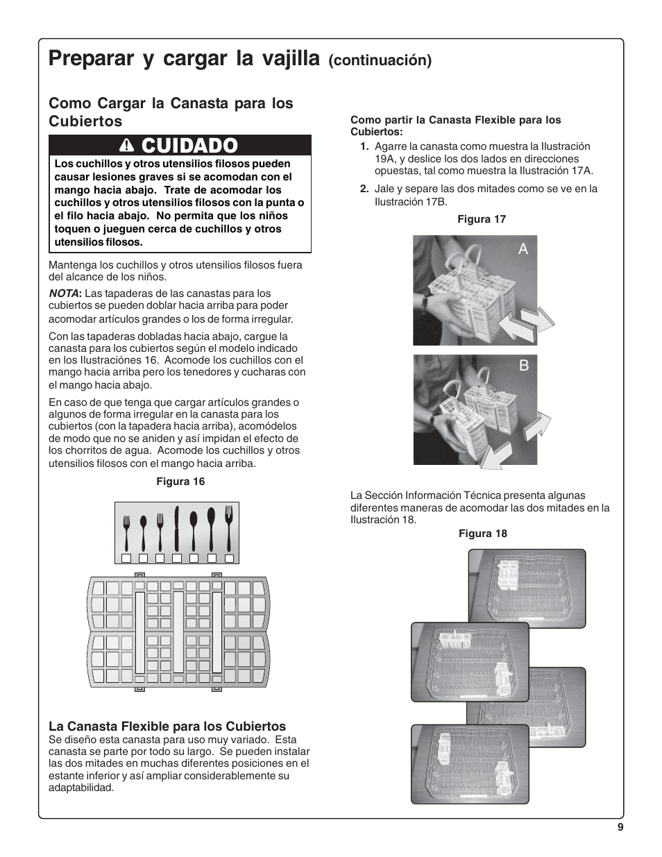 Preparar y cargar la vajilla, Cuidado, Como cargar la canasta para los cubiertos | Continuación), La canasta flexible para los cubiertos | Thermador DWHD64CS User Manual | Page 55 / 70