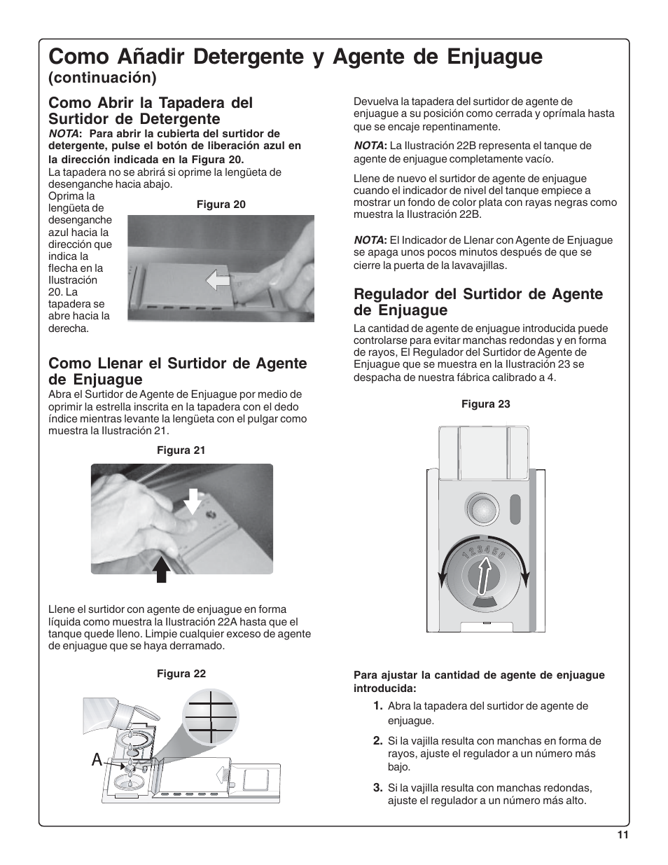 Como añadir detergente y agente de enjuague, Como llenar el surtidor de agente de enjuague, Regulador del surtidor de agente de enjuague | Thermador DWHD64CS User Manual | Page 57 / 70