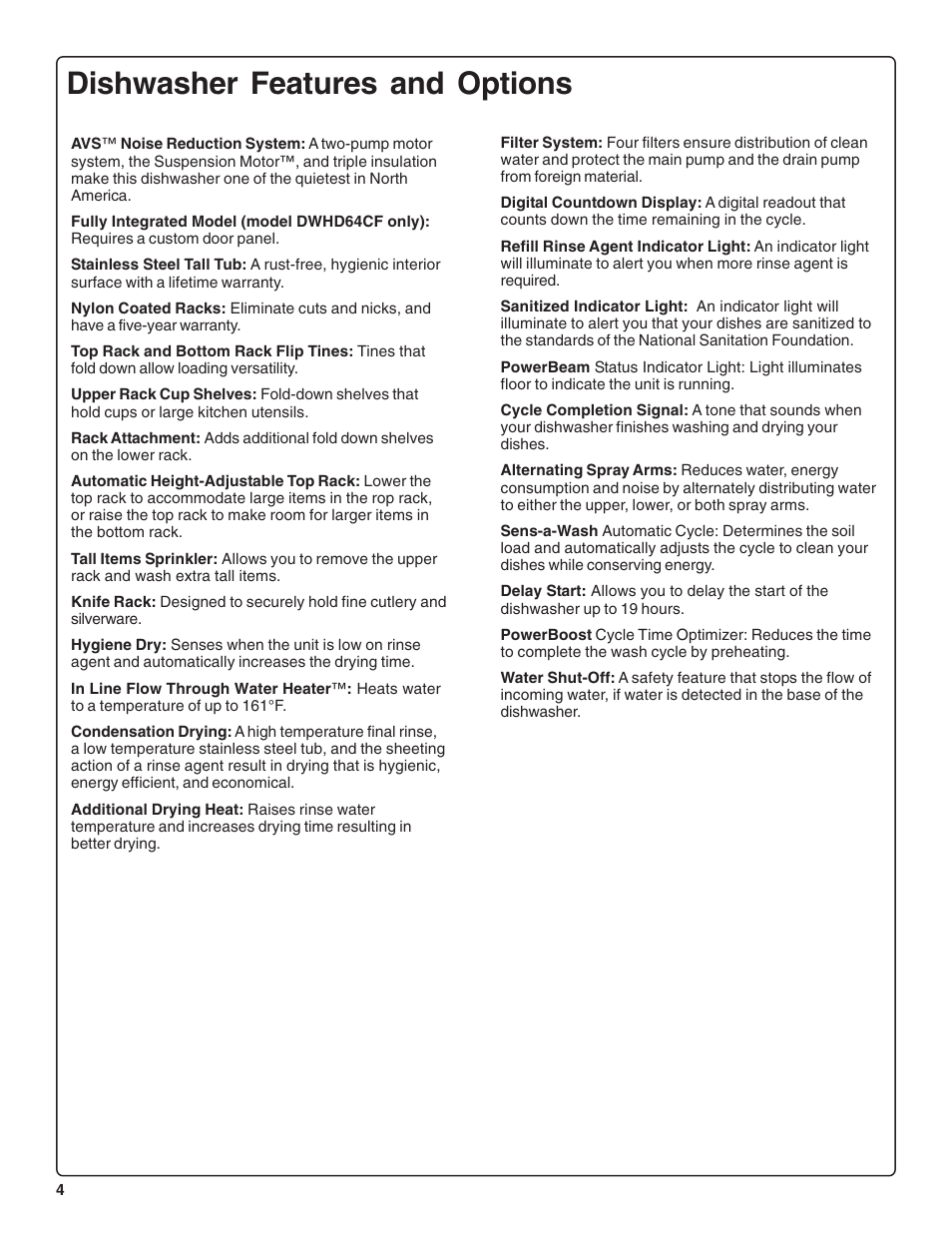 Dishwasher features and options | Thermador DWHD64CS User Manual | Page 6 / 70