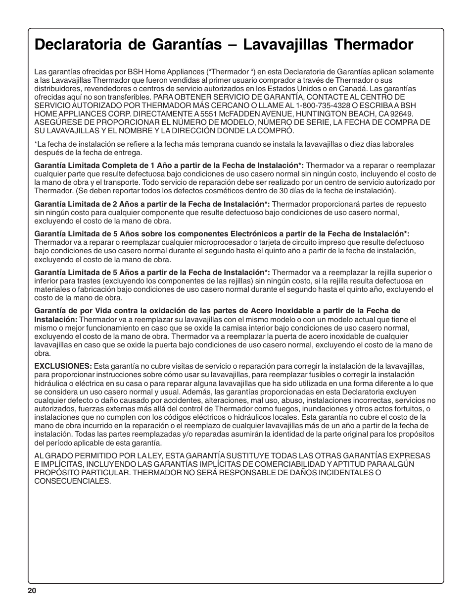 Declaratoria de garantías – lavavajillas thermador | Thermador DWHD64CS User Manual | Page 66 / 70