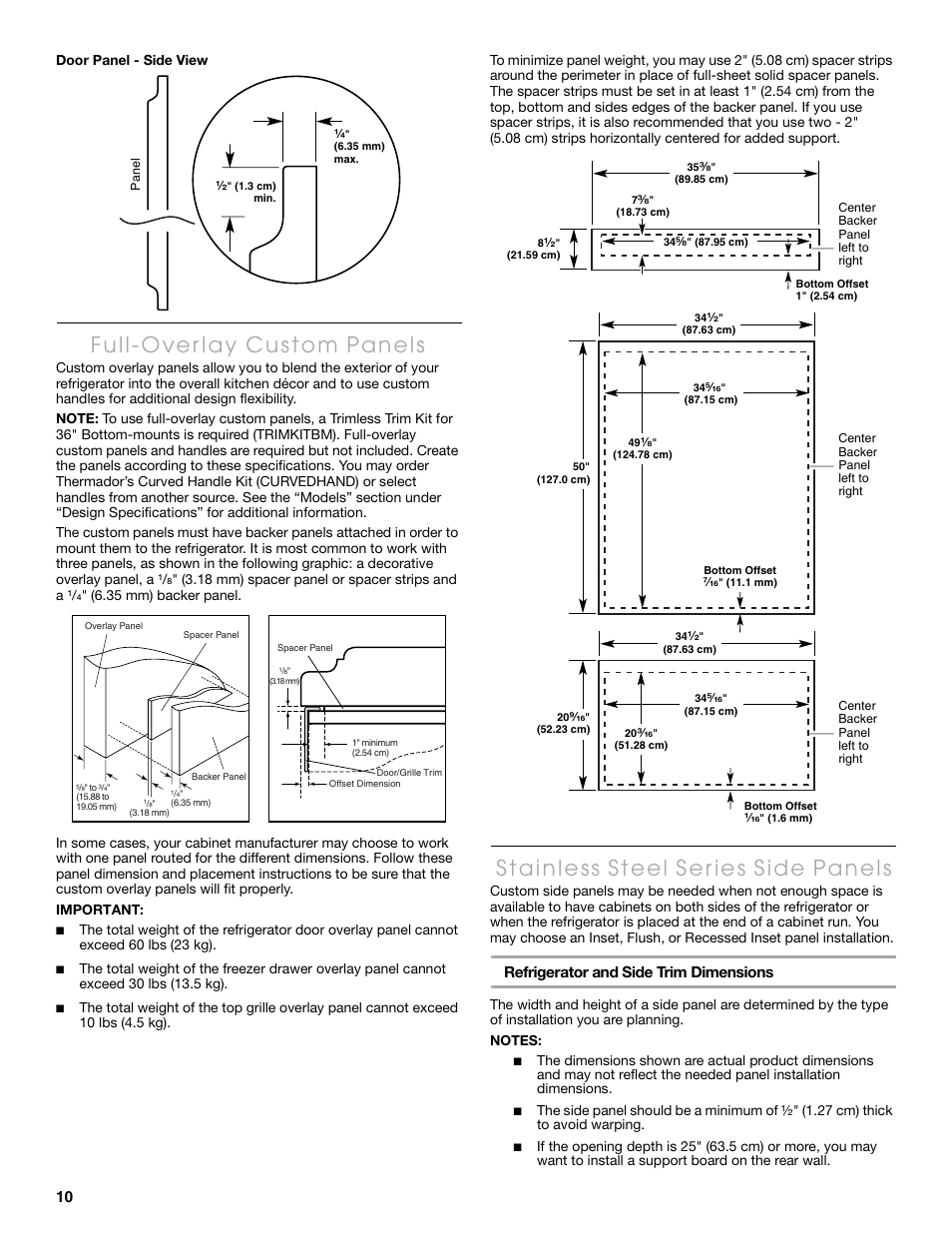 Refrigerator and side trim dimensions | Thermador KBULT3655E User Manual | Page 10 / 60