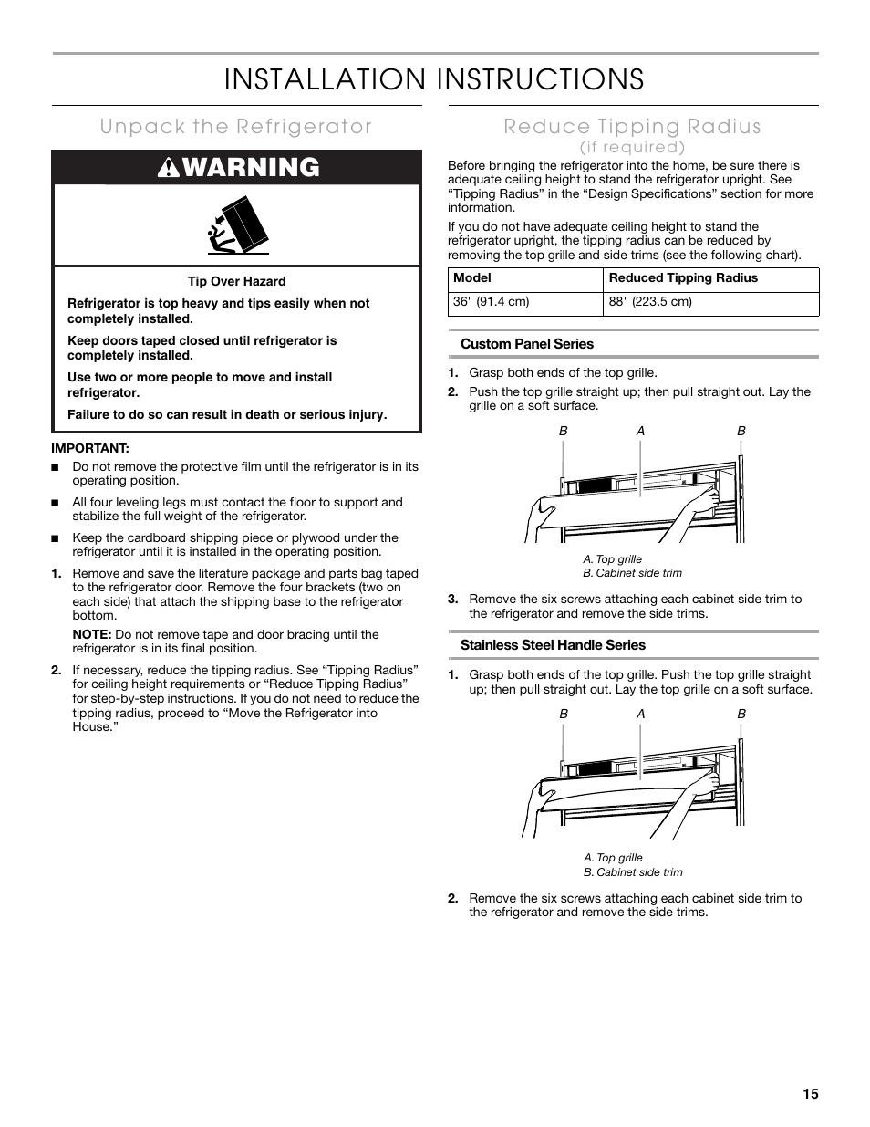 Installation instructions, Warning | Thermador KBULT3655E User Manual | Page 15 / 60