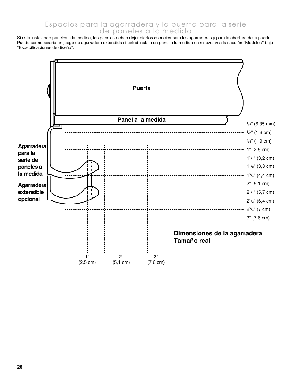Dimensiones de la agarradera tamaño real, Puerta panel a la medida | Thermador KBULT3655E User Manual | Page 26 / 60